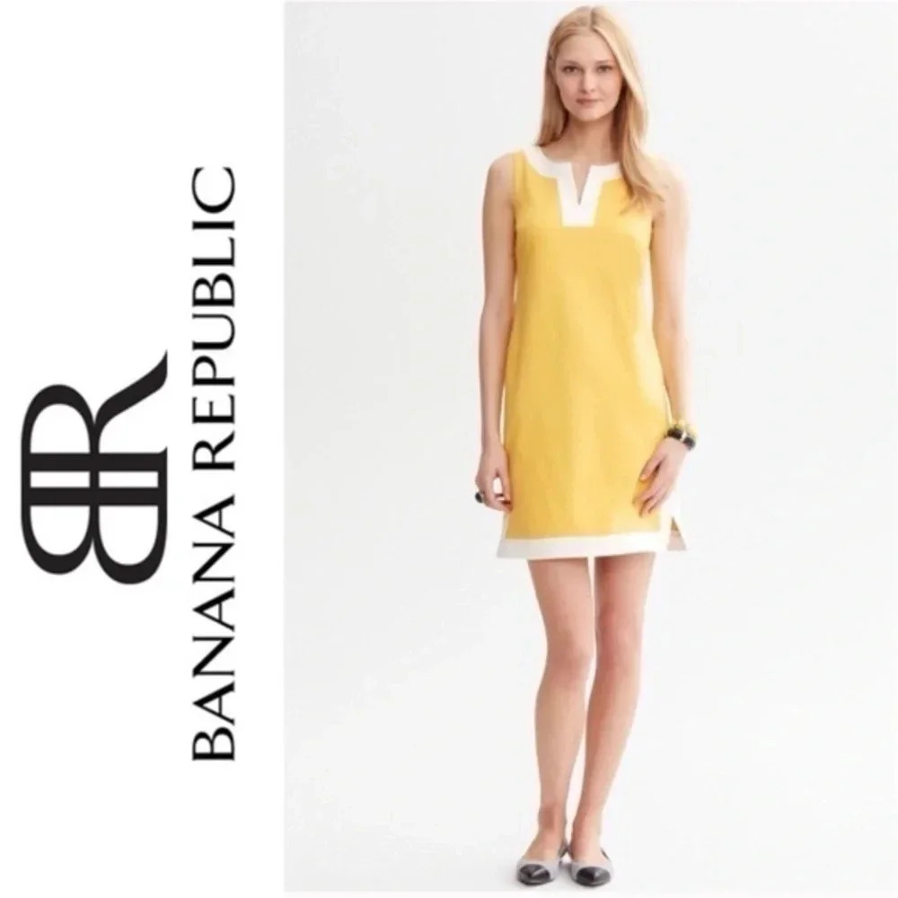 Banana Republic Ultra Yellow & White Piped Knit Shift Dress Women’s Size 0